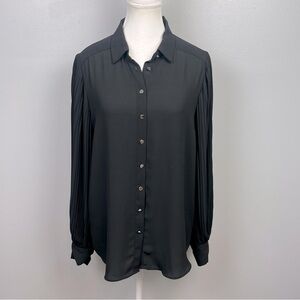 Tahari black accordion pleat balloon sleeve button front blouse, medium.